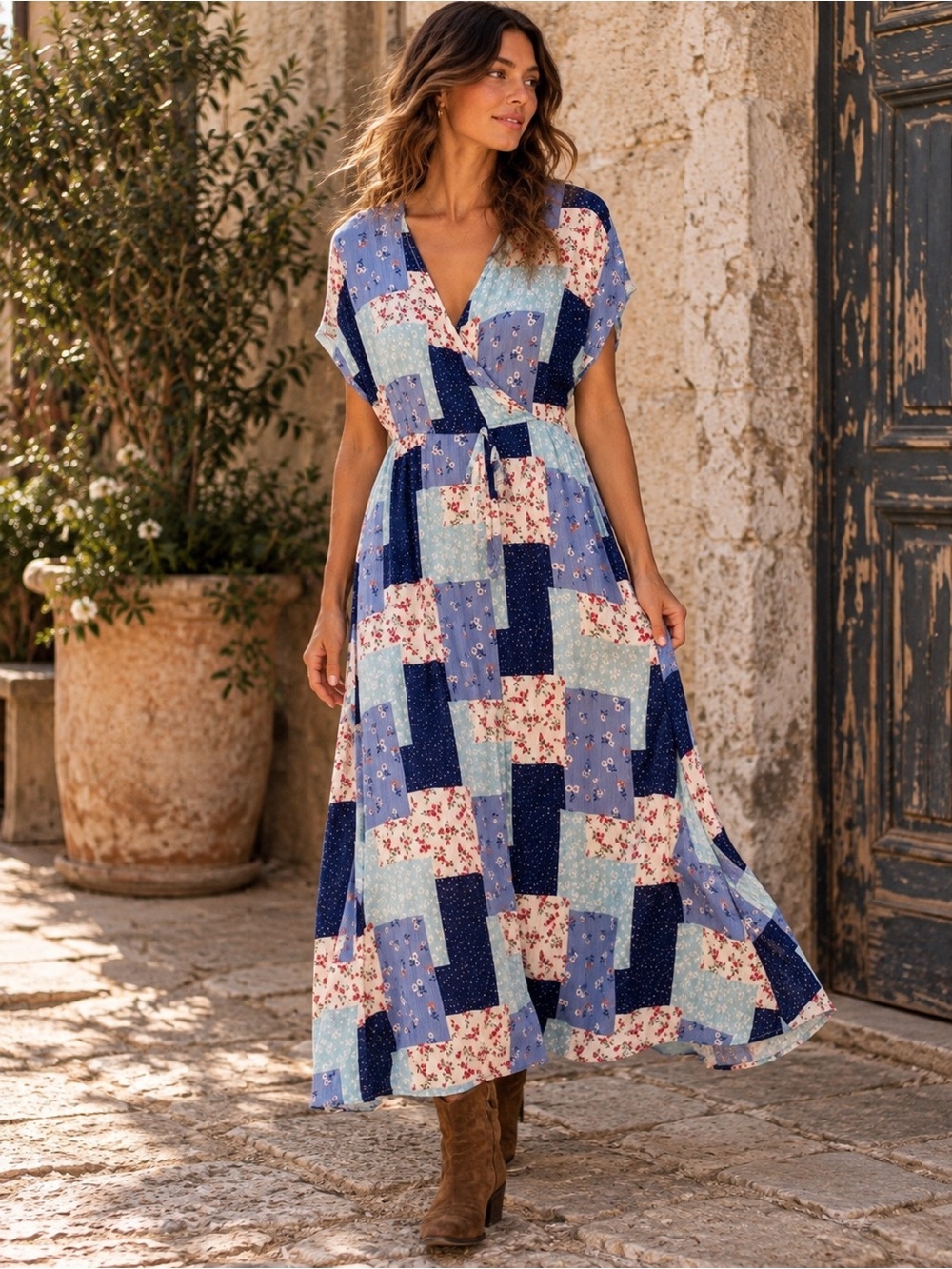 Hayden Patchwork Floral Wrap Maxi Dress Boho Blue Cream Size Small